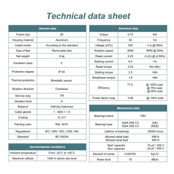 Silnik elektryczny jednofazowy 0,75kW 2800 obr/min. 80B3